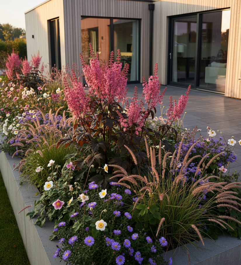 roze zilverkaars pink spike met herfstasters, herfstanemoon en lampenpoetsersgras