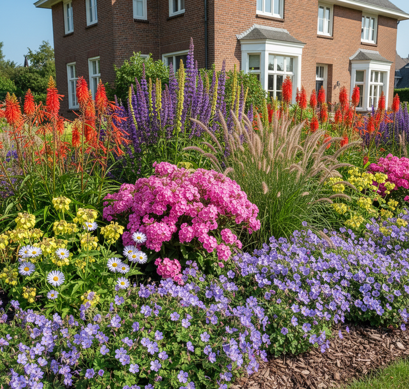 Sfeerimpressie - Zomeraster Kalimeris blue star (links voor) in border met Ooievaarsbek 'Geranium' aan de rand

Vlambloem 'Phlox' roze

Brandkruid 'Phlomis' geel

Vuurpijl 'Kniphofia'

Dropplant 'Agastache' paars

Siergrassen zoals Lampepoetsersgras 'Pennisetum' 