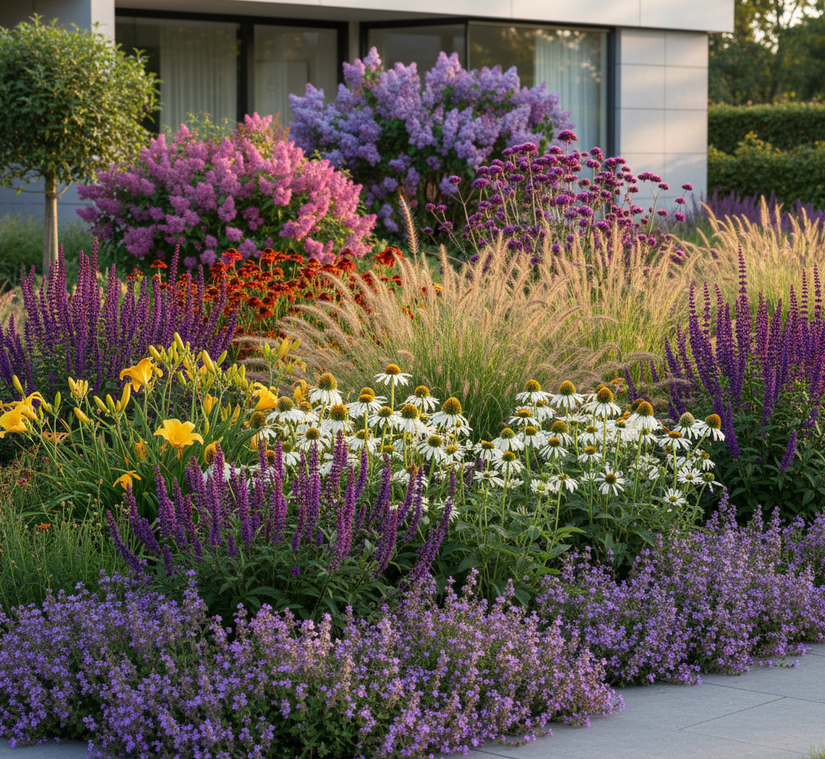 Zonnehoed wit - Echinacea alba in border met Pijpestrootje 'Molinia' siergras

Salie 'Salvia' zoals Caradonna of Mainacht 

Kattenkruid 'Nepeta' als randbeplanting

Daglelie 'Hemerocallis' geel

Zwarte of Lange Ereprijs 'Veronica' in  erachter

Ijzerhard 'Verbena' er achter 

Zonnekruid 'Helenium' Moerheim Beauty 

Helemaal achteraan met Vlinderstruik 'Buddleja' en Sering Syringa struiken